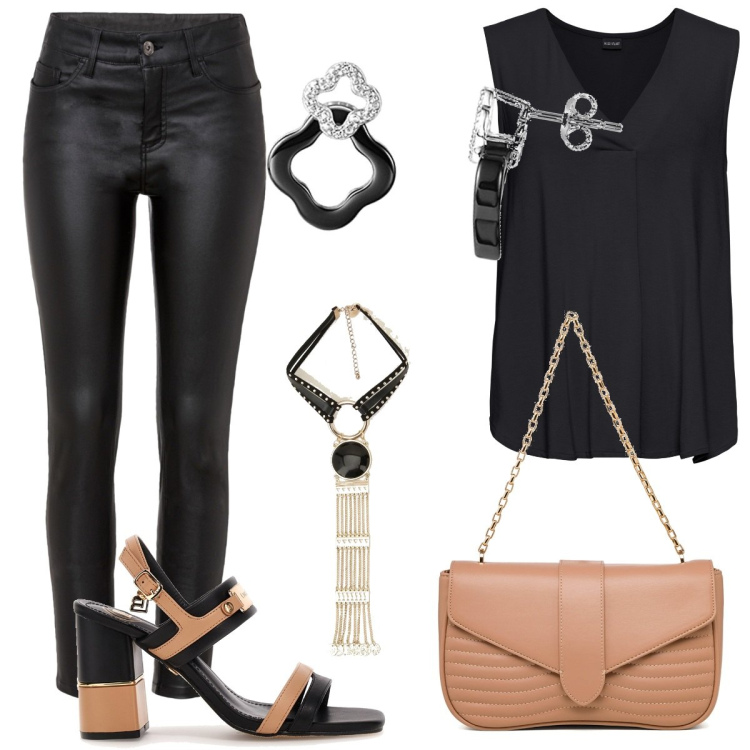 Outfit donna - Total look #1693444. Stile Glamour per Serata fuori. Abbinamento con top, pantaloni, ciondoli, borse a tracolla, sandali col tacco, orecchini.