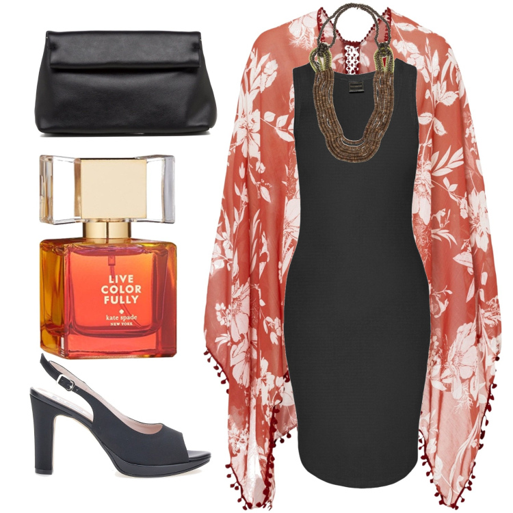 Outfit donna - Poncho estivo. Stile Trendy per Serata fuori. Abbinamento con vestiti, cappotti, collane, borse a tracolla, sandali, profumi.