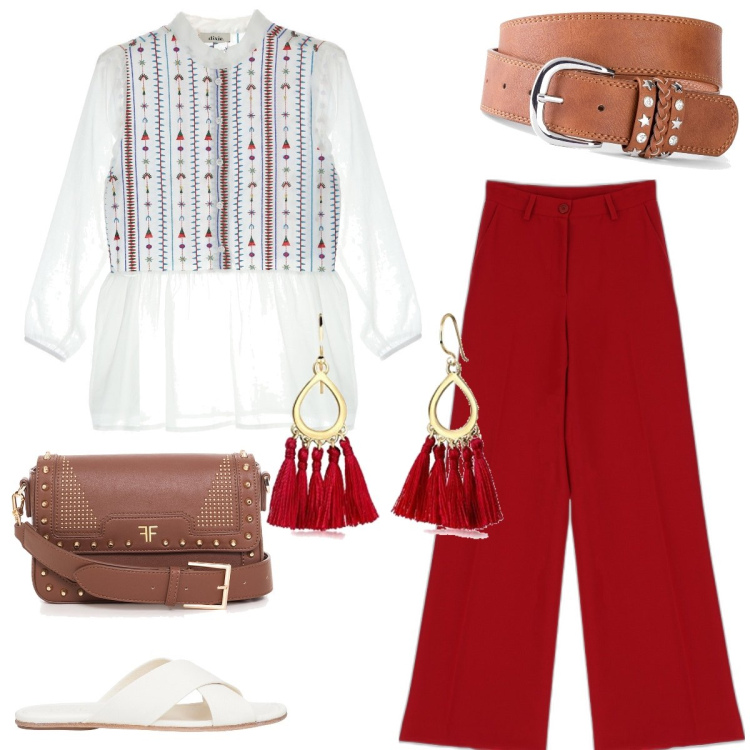 Outfit donna - In vacanza. Stile Boho per Tutti i giorni. Abbinamento con cinture, sandali in pelle, borse a spalla, pantaloni a palazzo, camicie, orecchini.