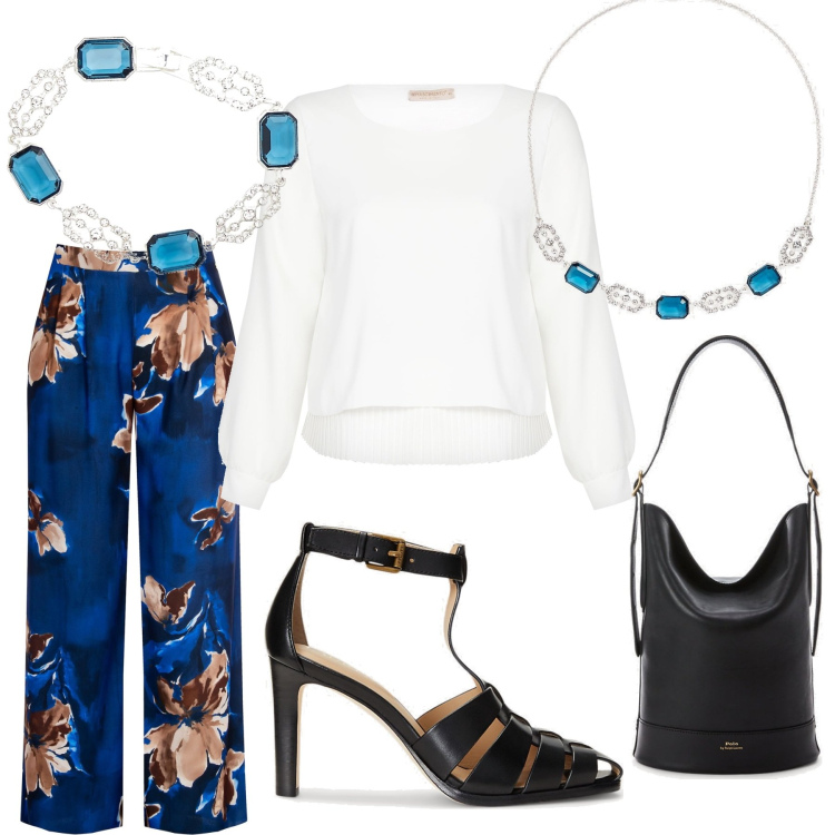 Outfit donna - Fresche sere di fine estate. Stile Casual chic per Serata fuori. Abbinamento con pantaloni a palazzo, bluse, borse a secchiello, décolleté, braccialetti, collane.