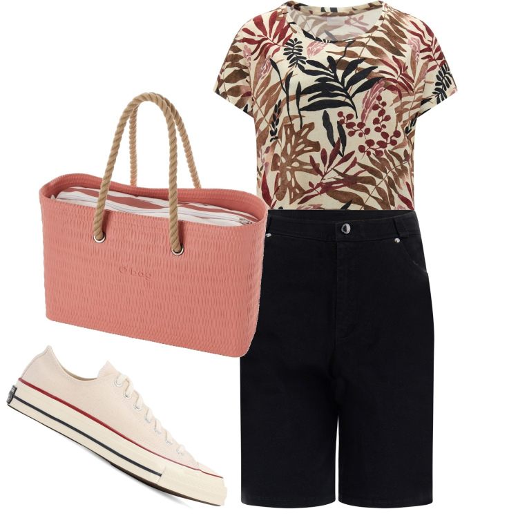 Outfit donna - Weekend. Stile Basic per Tutti i giorni. Abbinamento con bermuda, t-shirt, borse a spalla, sneakers.