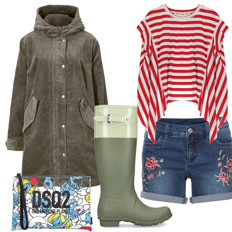 Outfit donna - Temporali estivi. Stile Casual per Tutti i giorni. Abbinamento con parka, shorts, t-shirt, pochette, stivali.