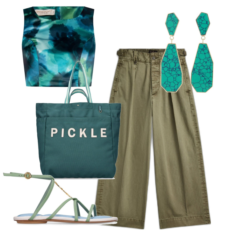 Outfit donna - Riflessi mare. Stile Chic per Tutti i giorni. Abbinamento con top, pantaloni, orecchini, sandali in pelle, shopping bag.