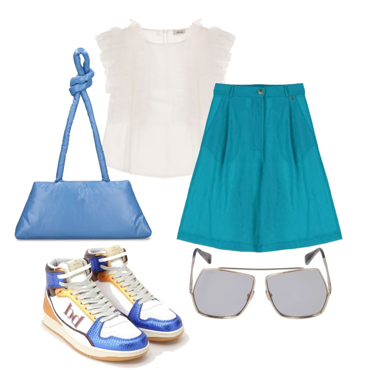 Outfit donna - Ghost outfitter - agosto. Stile Casual chic per Tutti i giorni. Abbinamento con sneakers alte, bermuda, t-shirt, occhiali da sole, borse a spalla.