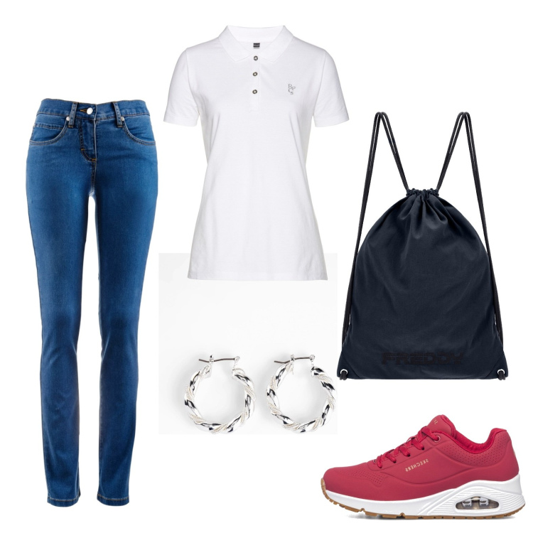 Outfit donna - Bunny (veg ok). Stile Basic per Tutti i giorni. Abbinamento con jeans dritti, orecchini, polo, zaini, sneakers.