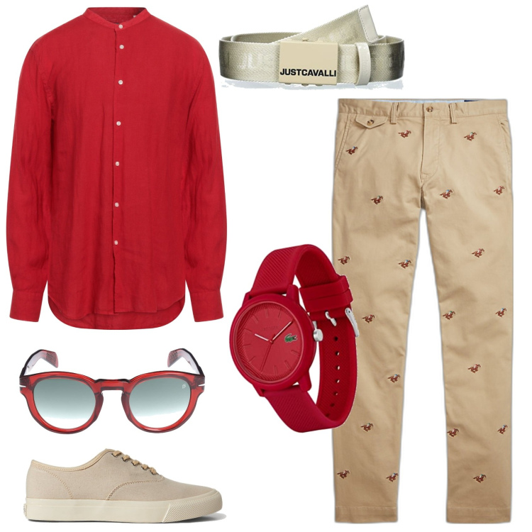 Outfit uomo - Rosso e beige. Stile Casual per Tutti i giorni. Abbinamento con camicie, sneakers, pantaloni, occhiali da sole, orologi analogici, cinture.