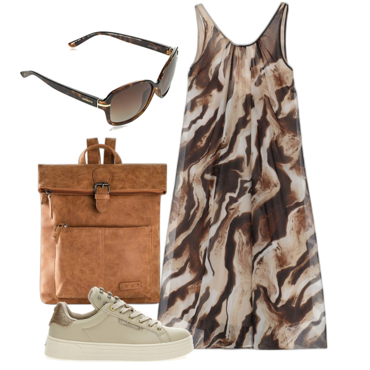 Outfit donna - Senza rinunciare all\'abito. Stile Trendy per Tutti i giorni. Abbinamento con zaini, vestiti lunghi, sneakers, occhiali da sole.