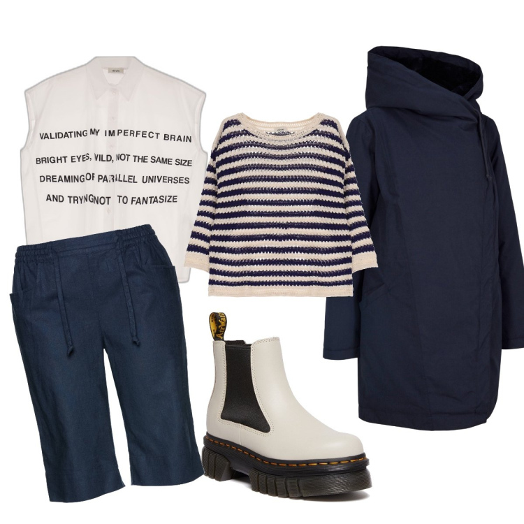 Outfit donna - Sportiva e protetta. Stile Casual per Tutti i giorni. Abbinamento con bermuda, parka, maglieria, camicie, stivaletti chelsea.