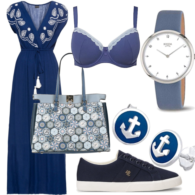 Outfit donna - L\'abito lungo con le sneakers. Stile Casual per Serata fuori. Abbinamento con vestiti lunghi, borse a mano, scarpe sportive, orecchini, orologi, reggiseni.