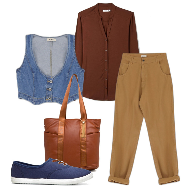 Outfit donna - Col gilet. Stile Casual per Tutti i giorni. Abbinamento con sneakers, camicie, gilet, pantaloni capri, borse a spalla.