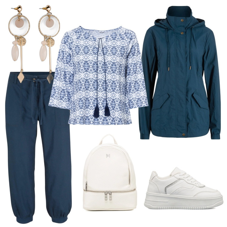 Outfit donna - Pronta...Via!. Stile Casual per Tutti i giorni. Abbinamento con blazer, orecchini, pantaloni capri, maglieria, sneakers, zaini.