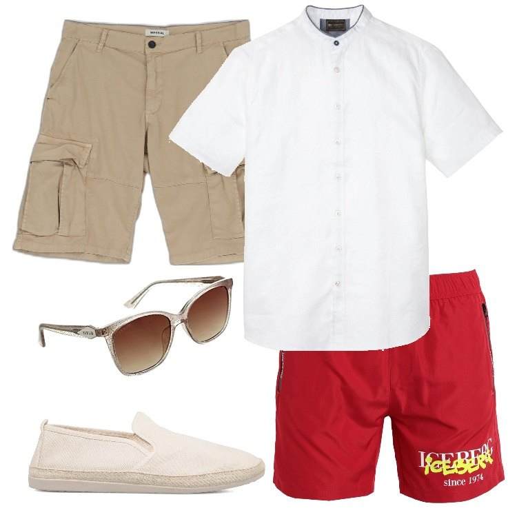 Outfit uomo - Total look #1693806. Stile Trendy per Mare. Abbinamento con camicie a manica corta, costumi, bermuda, espadrillas, occhiali da sole.