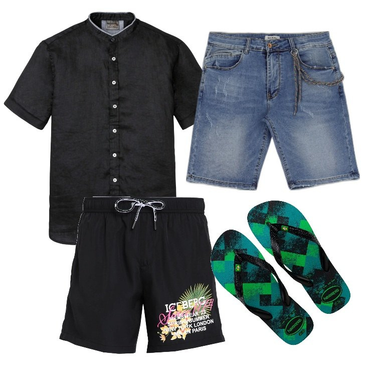 Outfit uomo - Total look #1693809-Black. Stile Casual per Mare. Abbinamento con camicie a manica corta, costumi, bermuda, sandali.