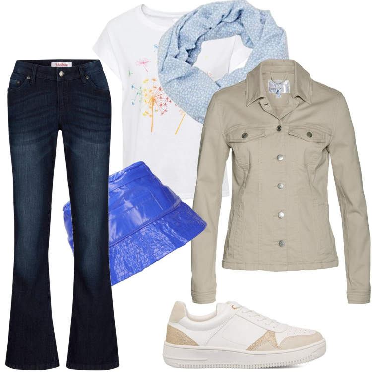 Outfit donna - Mi riparo dalla pioggia. Stile Casual per Tutti i giorni. Abbinamento con blazer, t-shirt, jeans bootcut, sneakers, sciarpe, cappelli.