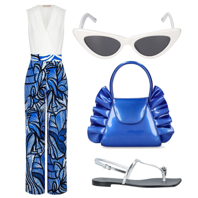 Outfit donna - Estate fredda giorno. Stile Casual chic per Tutti i giorni. Abbinamento con infradito, tute, borse a mano, occhiali da sole.