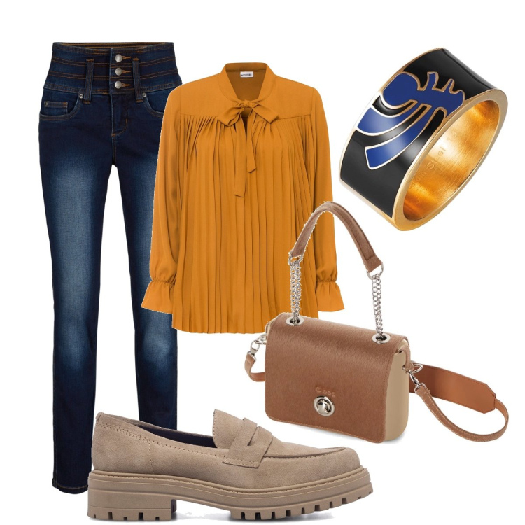 Outfit donna - Total look #1693885. Stile Casual per Ufficio. look ideale per Tall. Abbinamento con jeans, bluse, mocassini, borse a spalla, anelli.