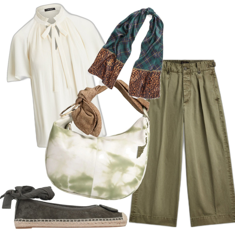 Outfit donna - Total look #1693893. Stile Casual chic per Tutti i giorni. Abbinamento con espadrillas, borse a spalla, pantaloni, camicie, sciarpe.