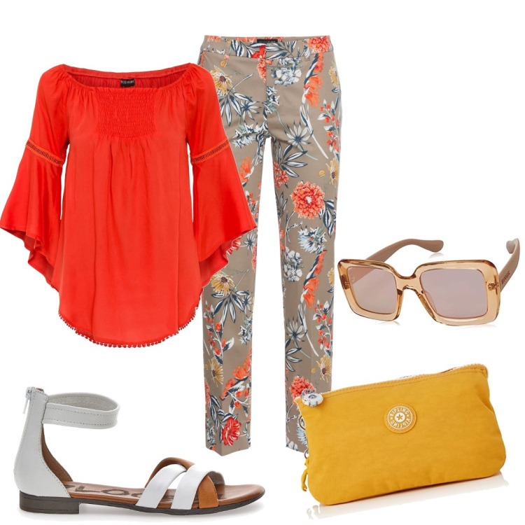 Outfit donna - Total look #1693913. Stile Casual per Tutti i giorni. look ideale per Tall. Abbinamento con pantaloni, bluse, sandali in pelle, portamonete, occhiali da sole.