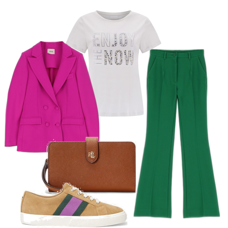 Outfit donna - Sgargiante. Stile Basic per Tutti i giorni. Abbinamento con pantaloni, giacche, t-shirt, pochette, sneakers.