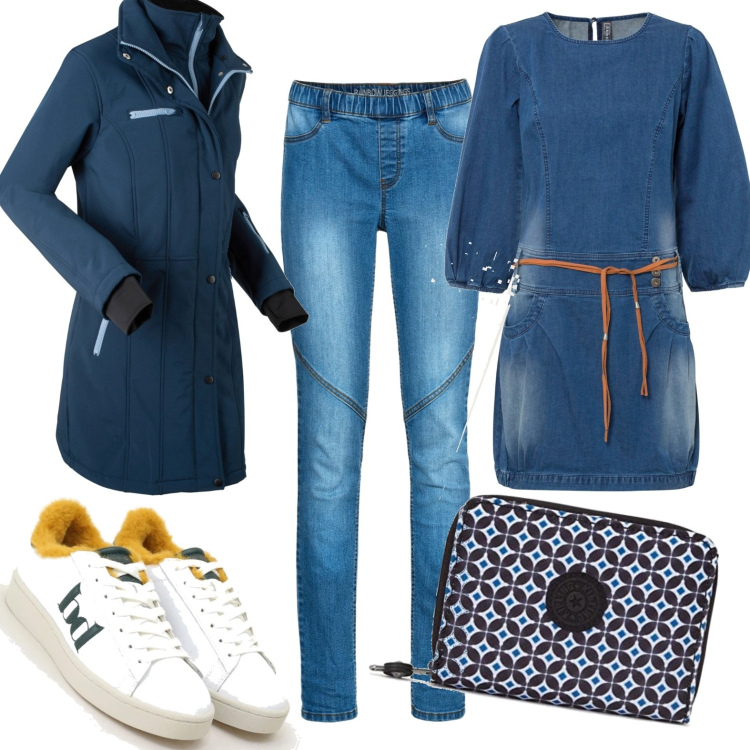 Outfit donna - Sotto la pioggia. Stile Casual per Tutti i giorni. Abbinamento con blazer, vestiti, jeggings, sneakers, portafogli.
