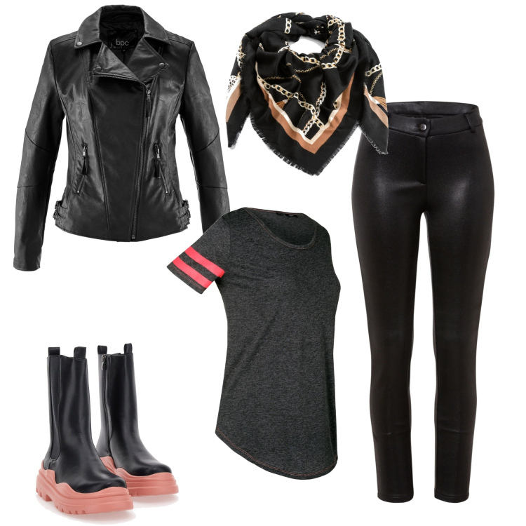Outfit donna - Piove.... Stile Casual per Tutti i giorni. Abbinamento con blazer, t-shirt sportive, pantaloni, foulard, stivaletti chelsea.