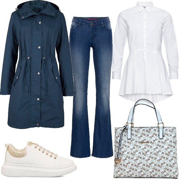 Outfit donna - Pioggia curvy. Stile Casual per Tutti i giorni. Abbinamento con jeans bootcut, camicie, parka, sneakers, borse a mano.