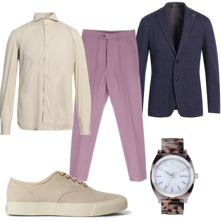 Outfit uomo - Festa in villa. Stile Trendy per Serata speciale. Abbinamento con giacche, camicie, pantaloni, sneakers, orologi.