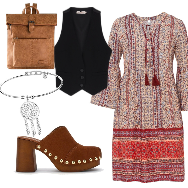 Outfit donna - Peace and love. Stile Etnico per Tutti i giorni. Abbinamento con zaini, vestiti, gilet, zoccoli, braccialetti.
