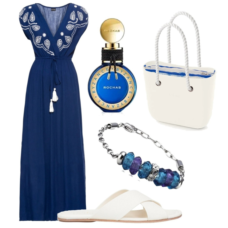 Outfit donna - Tonalità mediterranee. Stile Etnico per Mare. Abbinamento con vestiti lunghi, sandali in pelle, braccialetti, borse a spalla, profumi.