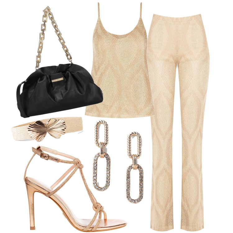 Outfit donna - Serata chic con le tonalità oro. Stile Chic per Serata fuori. Abbinamento con cinture, borse a mano, pantaloni, top, sandali gioiello, orecchini.