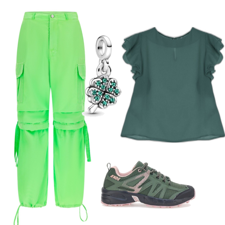 Outfit donna - Quadrifoglio. Stile Casual chic per Tutti i giorni. Abbinamento con canottiere, pantaloni cargo, sneakers, ciondoli.