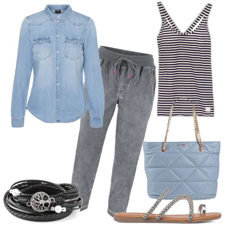 Outfit donna - Total look #1694255. Stile Basic per Tutti i giorni. Abbinamento con pantaloni capri, braccialetti, borse a mano, canottiere, camicie, infradito.