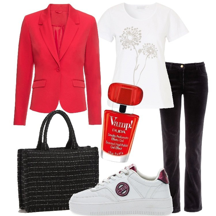 Outfit donna - Una serata al bowling. Stile Casual per Serata fuori. Abbinamento con pantaloni, t-shirt, blazer, shopping bag, sneakers, smalti.