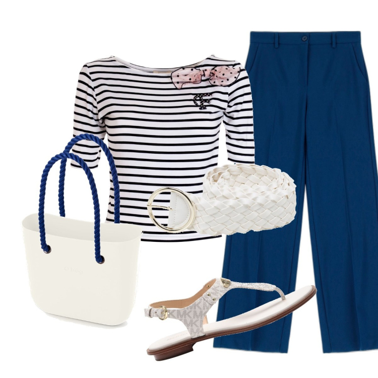 Outfit donna - Total look #1694302. Stile Casual chic per Ufficio. Abbinamento con infradito, pantaloni a palazzo, t-shirt, cinture, borse a spalla.