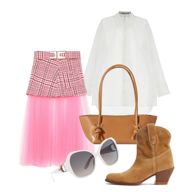 Outfit donna - Ghost outfitter - agosto. Stile Trendy per Tutti i giorni. Abbinamento con gonne lunghe, camicie, occhiali da sole, stivaletti, borse a spalla.