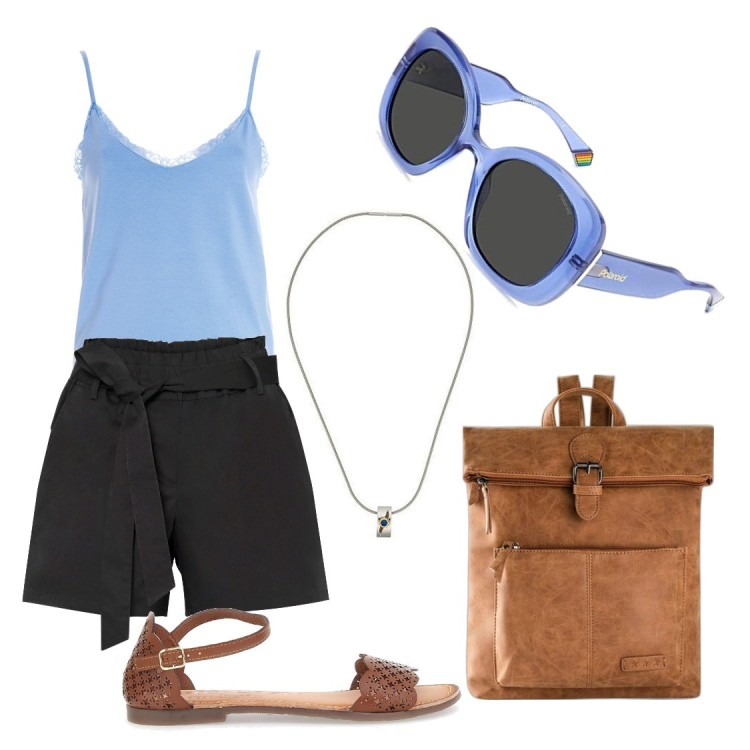 Outfit donna - Tempo Libero. Stile Casual chic per Mare. Abbinamento con zaini, shorts, canottiere, sandali in pelle, ciondoli, occhiali da sole.
