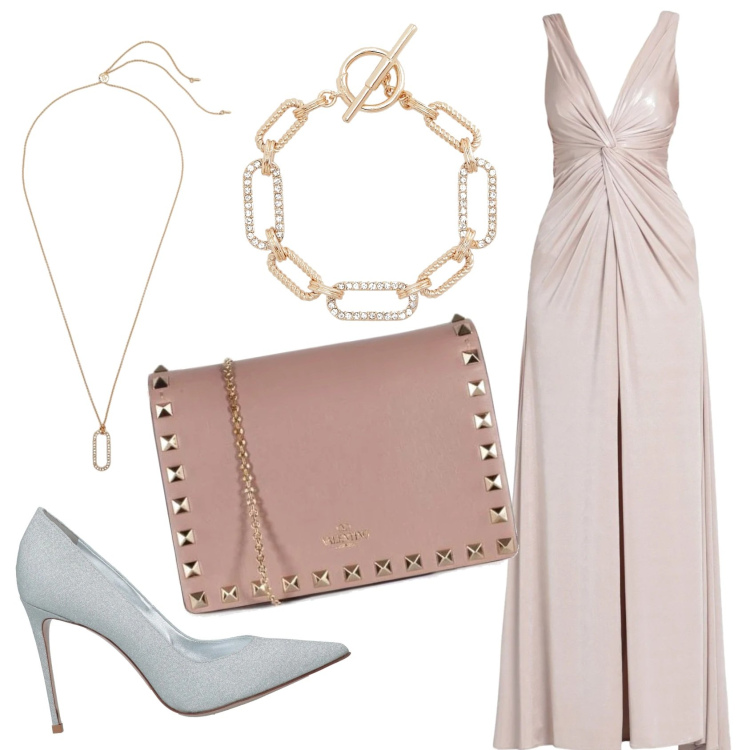 Outfit donna - Serata in rosa. Stile Glamour per Cerimonia. Abbinamento con vestiti lunghi, décolleté, borse a tracolla, ciondoli, braccialetti.