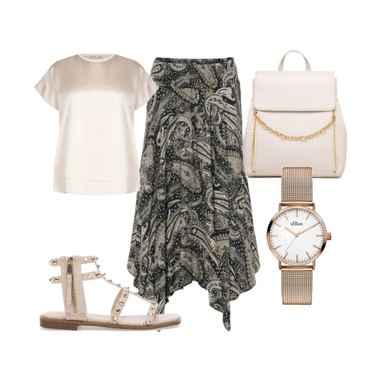 Outfit donna - Il Paisley dai colori giusti. Stile Boho per Tutti i giorni. Abbinamento con gonne longuette, bluse, zaini, orologi analogici, sandali.