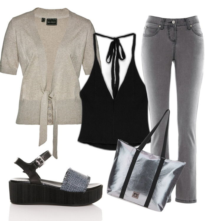 Outfit donna - Total look #1694512. Stile Casual per Tutti i giorni. Abbinamento con jeans slim fit, cardigans, sandali, top, borse tote.
