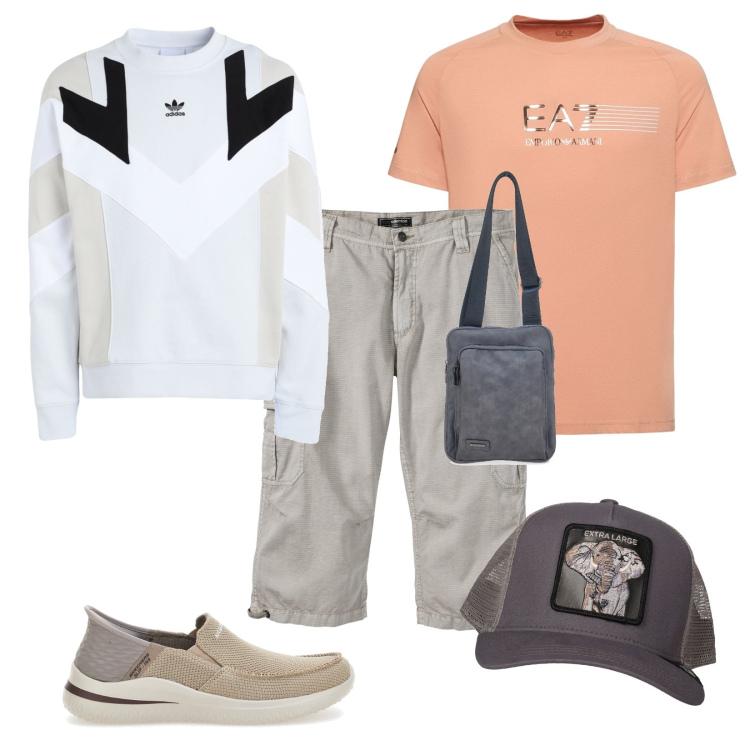 Outfit uomo - Total look #1694525. Stile Urban per Tutti i giorni. Abbinamento con bermuda, felpe, t-shirt, sneakers, portafogli, cappelli.