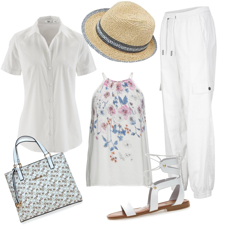 Outfit donna - Total look #1694557. Stile Casual per Tutti i giorni. Abbinamento con camicie a manica corta, top, pantaloni cargo, sandali in pelle, borse a mano, berretti.