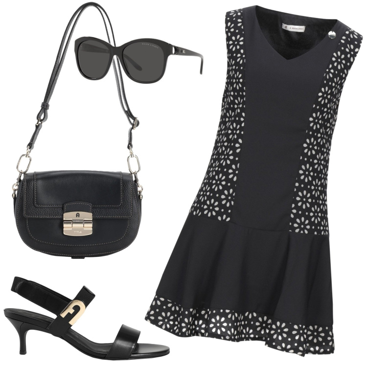 Outfit donna - Basic estate. Stile Basic per Serata fuori. Abbinamento con vestiti corti, sandali in pelle, borse a tracolla, occhiali da sole.