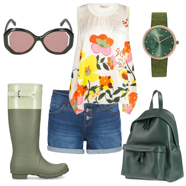 Outfit donna - Pioggia in città ad agosto. Stile Casual chic per Tutti i giorni. Abbinamento con shorts, zaini, top, stivali, occhiali da sole, orologi.