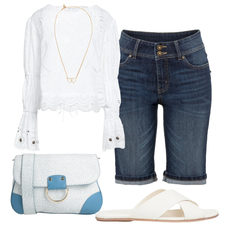 Outfit donna - Denim e pizzo. Stile Romantica per Tutti i giorni. Abbinamento con bermuda, bluse, collane, borse a tracolla, sandali in pelle.