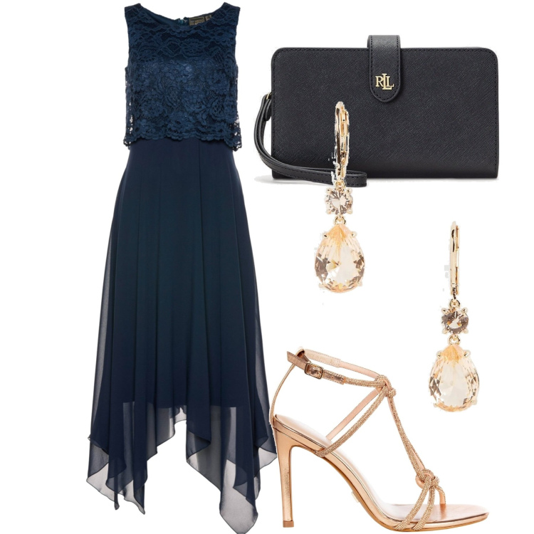 Outfit donna - Elegante in blu. Stile Chic per Serata fuori. Abbinamento con vestiti midi/longuette, sandali gioiello, orecchini, pochette.