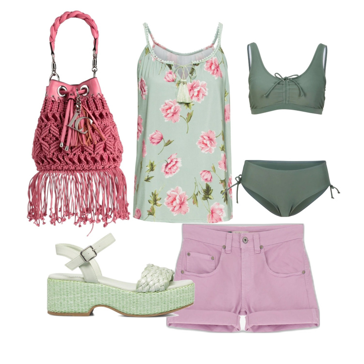Outfit donna - Al mare con gli short. Stile Casual per Mare. Abbinamento con bikini, top, borse a secchiello, shorts, sandali col tacco.