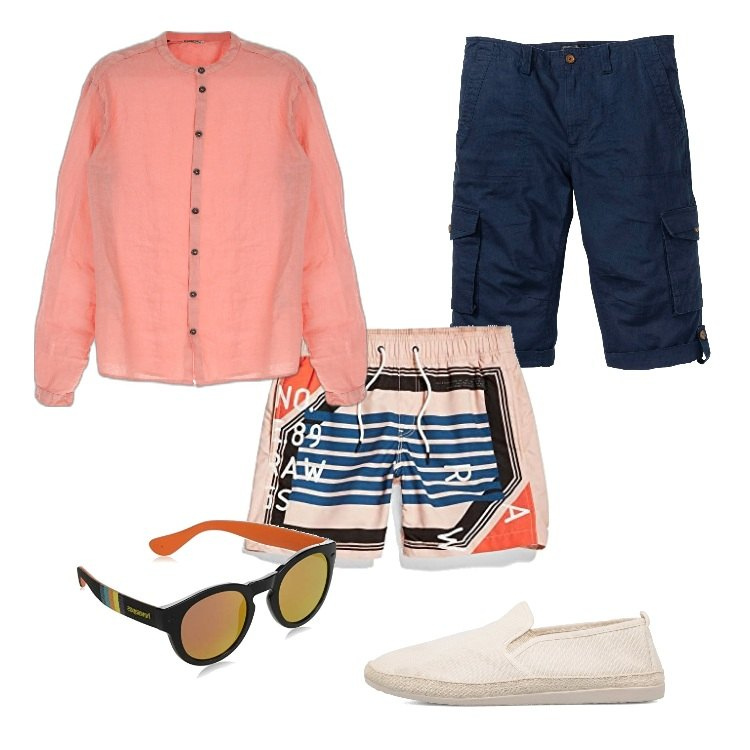 Outfit uomo - Total look #1694758. Stile Trendy per Mare. Abbinamento con bermuda, camicie, espadrillas, occhiali da sole, costumi.
