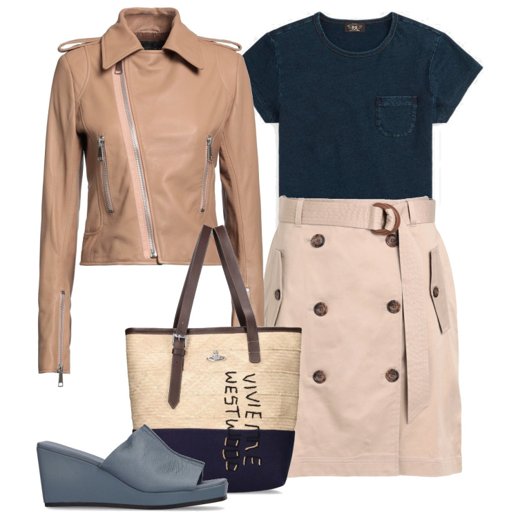 Outfit donna - On the road. Stile Casual per Tutti i giorni. Abbinamento con giacche, minigonne, t-shirt, shopping bag, sandali in pelle.