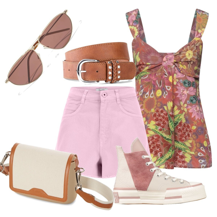 Outfit donna - Gli shorts rosa. Stile Trendy per Tutti i giorni. Abbinamento con cinture, sneakers, top, occhiali da sole, shorts, borse a spalla.