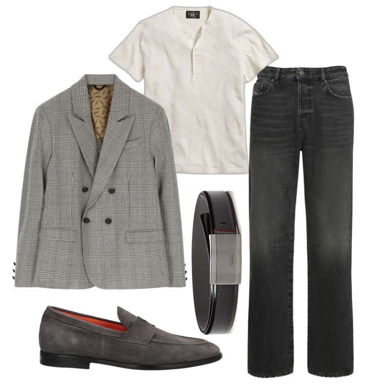 Outfit uomo - Torna il principe di Galles. Stile Casual per Serata speciale. Abbinamento con scarpe stringate, cappotti, t-shirt, cinture, jeans.